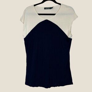 Lauren Ralph Lauren White & Navy Stretch Cap Sleeve Top XL